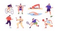 Different physical activities, do sports set. People cycling, jogging, swimming, exercising, playing tennis, basketball