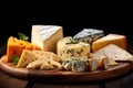 Different pieces of cheese with nuts and greens on a brown wooden board 1