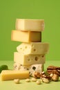 Different pieces of cheese with nuts on a light green background