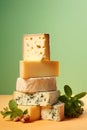 Different pieces of cheese with nuts on a light green background 3