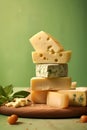 Different pieces of cheese with nuts on a light green background 1