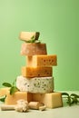 Different pieces of cheese with nuts on a light green background 2