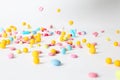Different pills falling on table Royalty Free Stock Photo