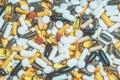 Different Pills and medication tablets drugs. Top view with copy space. Medicine concept Royalty Free Stock Photo