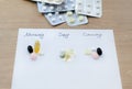 Different pills for morning, day and evening. Scheduled Reception Royalty Free Stock Photo