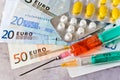 Different pills and syringe with Euro money - healthcare cost Royalty Free Stock Photo