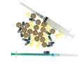 The different pills and syringes on white Royalty Free Stock Photo