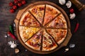 Different pizza slices on a round wooden Board Royalty Free Stock Photo