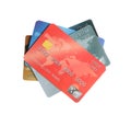 Different plastic credit cards on white background