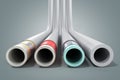 Different plastic water pipes in layers 3d render on grey