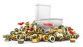 Different plumbing pipes, fittings and valves are stacked around the toilet bowl, isolated on white background,