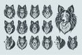 Different pose of Sheltie dog head illustration design set