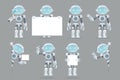 Different poses boy teen robot android artificial intelligence futuristic information interface flat design vector