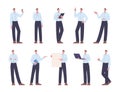 Different poses man character. Young businessman posing, using laptop, point up and on display. Adult casual worker Royalty Free Stock Photo