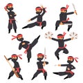 Different poses of ninja fighter in black cloth character warrior sword martial weapon japanese man and karate cartoon Royalty Free Stock Photo