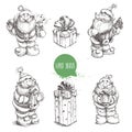 Different poses set of hand drawn Santa Claus and gift boxes. Royalty Free Stock Photo
