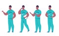 Different poses of a surgeon or paramedic in a set.