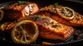 Different preparations of grilled salmon pieces