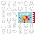 Different prizes and rewards line icons set decorated thematic color flat illustration