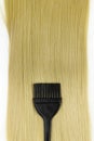 Different professional hairdresser tools Black nylon bristle hair dye brush, hair coloring brush with strand of blonde hair on