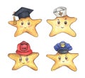 Different professions hats collection and yellow star. Watercolor illustration. Uniform headgear items