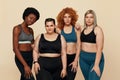 Different Race. Diversity Figure And Size Models Portrait. International Friends In Sportswear Posing.