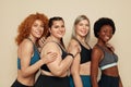 Different Race. Diversity Figure And Size Women Portrait. Smiling Multicultural Friends In Sportswear Posing.