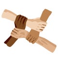 Different races of People holding hands together. top view of hands of different skin colors Royalty Free Stock Photo