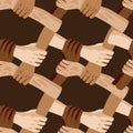 Different races of People holding hands together. top view of hands of different skin colors Vector illustration dark background