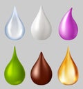 Different realistic drops. Falling honey drop, chocolate, milk, water, color. Capsule of liquid vitamins. Vector image