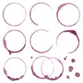 Different red wine stains rings traces from wine glasses