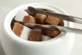 Different refined sugar cubes in bowl on light table, closeup Royalty Free Stock Photo