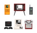 Different Retro Gadgets with Television, Phone, Computer, Tetris, Gamepad and Tape-recorder Vector Set