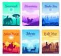 Different riders of the world vector brochure cards set. Colorful landscape template of flyear, magazines, poster, book