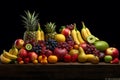 Different ripe fruits on the table on black background. Generated AI Royalty Free Stock Photo