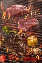 Meat and vegetables char-grilled over flame. B-B-Q Royalty Free Stock Photo