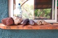 Different rock types that can be found on the Easter Island, aligned on a wooden board, near a window.
