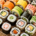Different roll types like maki and uramaki offering a colorful and Royalty Free Stock Photo