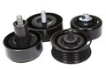 Different rollers for car engine as idler pulley, jockey roller, gallow pulley. Isolated on a white background Royalty Free Stock Photo