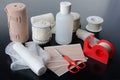 Different rolls of medical bandages and care equipment Royalty Free Stock Photo