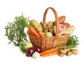 Different root vegetables in wicker basket isolated on white Royalty Free Stock Photo