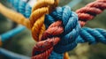 Different ropes intricately woven into a knot, a visual metaphor for teamwork and collaboration. Ai Generated