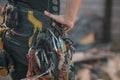 Different safety equipment for arborist or arborists such as ropes, anchors, straps and so on. Detail of arborist equipment