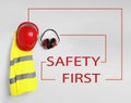 Different safety equipment on background, flat lay
