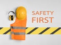 Different safety equipment on background, flat lay