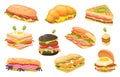 Different sandwiches. Sandwich and burgers collection, bread rolls panini fast food ingredients cheese meat vegetable