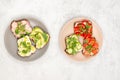 Different sandwiches with vegetables, avacado, egg and microgreens on plates on a light background Royalty Free Stock Photo
