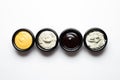 Different sauces in assortment in black sauces Royalty Free Stock Photo