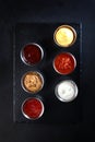 Different sauces. Sauces in the assortment. Sauces for snacks. The concept of the bar. Beer snacks.Flat lay. Top view.
