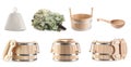 Different sauna items isolated on white, set Royalty Free Stock Photo
